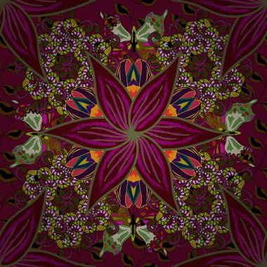 Düz Çiçek Elementleri Tasarımı. Vektör kusursuz. Güzel kumaş deseni. Renkli Bahar Temalı Kusursuz Arkaplan. Çiçek deseni.