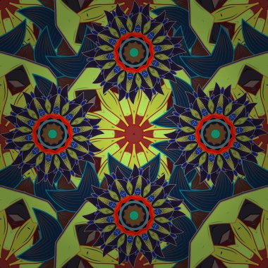 Renkli Bahar Temalı Kusursuz Arkaplan. Mavi ve yeşil renkli çiçekler. Düz Çiçek Elementleri Tasarımı. Çiçeksiz desenli arka plan, yaz çiçekleri..