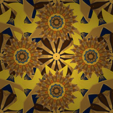 Tişörtsüz arka plan deseni. Tropik çiçekler. Mavi, kahverengi ve sarı renkte çiçekler.