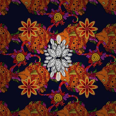 Asya tekstil tarzında. Vektör çizimi. Kusursuz çiçek deseni. Çiçekler kırmızı, gri ve turuncu renklerde. Düz Çiçek Elementleri Tasarımı. Renkli Bahar Teması Kusursuz Arkaplan.