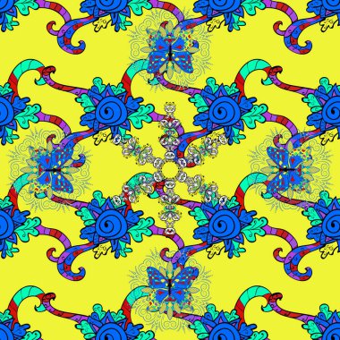 Nazik, sevimli çiçek arkaplanı. Mavi, sarı ve siyah renkte çiçekler. Çiçekli karalama şeklinde vektör deseni.