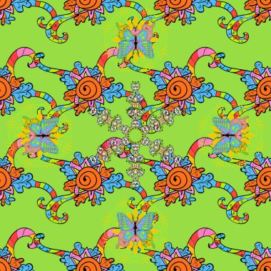 Renkli Bahar Temalı Kusursuz Arkaplan. Düz Çiçek Elementleri Tasarımı. Çiçekle kusursuz desen. Siyah, turuncu ve yeşil renkte çiçekler.