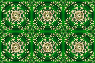 Barok tarzında duvar kağıdı tasarımı için kusursuz damaske deseni arkaplanı. Süslü raster dekorasyonu. Altından elementlerle beyaz ve yeşil renklerde altın desen.