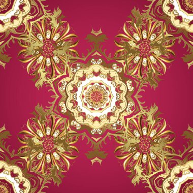 El yapımı dekoratif çerçeve, albüm kapağı, tebrik kartı, klasik Art deco tarzı. Altın karalama fantezi yapraklarından vektör soyut çiçek çelengi ve kırmızı ve kahverengi renkte çiçek.