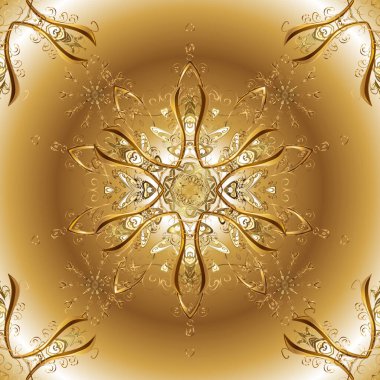 Lüks, kraliyet ve Viktorya dönemi konsepti. Kahverengi ve sarı üzerine altın rengi klasik barok çiçek desenleri. Süslü vektör dekorasyonu. Kahverengi ve sarı renklerdeki altın element.