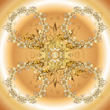 Hassas altın deseni açın. Vektör. Doğu tarzı arabesk. Parlak dantel, stilize çiçekler, şal desenli. Kusursuz altın desenli bukleler. Bej ve turuncu renklerde elementlerle kusursuz desen
