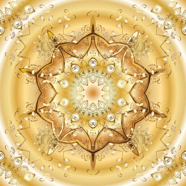 Süslü vektör dekorasyonu. Barok tarzında eskiz tasarımı için kusursuz damaske deseni arka planı. Sarı ve bej renklerde altın desenli altın elementler.