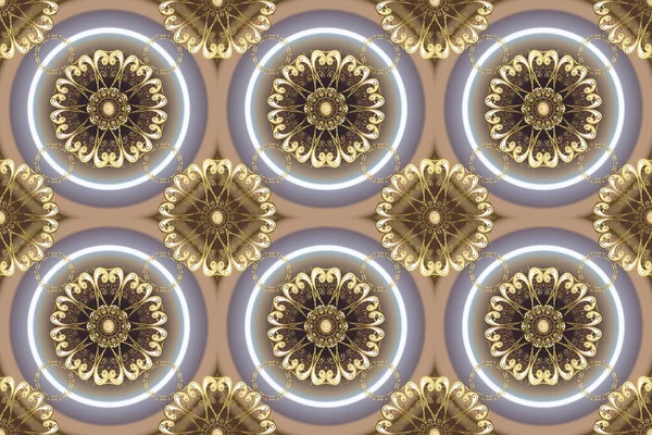 古典的なラスター黄金のシームレスパターン ベージュのシームレスなパターンと黄金の要素とニュートラルな色 古典的なヴィンテージの背景 伝統的な装飾品 — ストック写真