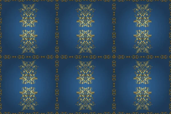 Golden pattern on neutral and blue colors with golden elements. Traditional orient ornament. Seamless classic raster golden pattern. Classic vintage background.