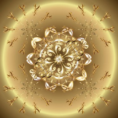 Çiçek desenli altın metal. Kusursuz altın desen. Altın elementli bej ve nötr renkler. Vektör altın çiçek süsü brokar kumaş ve cam desen.