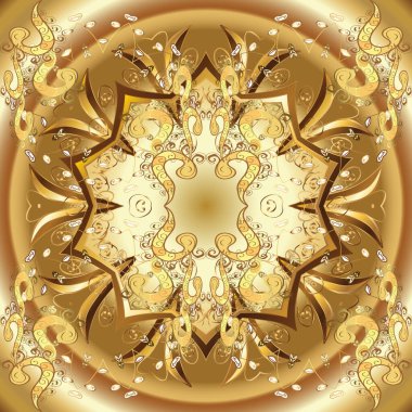 Vektör altın çiçek süsü brokar kumaş ve cam desenli. Çiçek desenli altın metal. Kusursuz altın desen. Altın elementli bej ve kahverengi renkler.