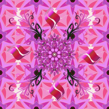 Mor, mor ve pembe renkte çiçekler. Vektör çizimi. Çiçek süsü ile kusursuz desen.