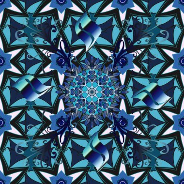 Vektör. Mavi, nötr ve gri renkte güzel çiçekli kusursuz desen, suluboya çiçek deseni, çizim, kart veya kumaş için fayanslı.