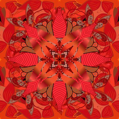 Elle boyanmış suluboya, dikişsiz çiçekler ve bitkiler. Kırmızı, kahverengi ve turuncu renkte çiçekler.