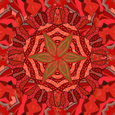 Asyalı tekstil konusunda Vektör Çiçek İllüstrasyonu. Kahverengi, kırmızı ve pembe renklerde etnik çiçeklerle kusursuz bir desen..