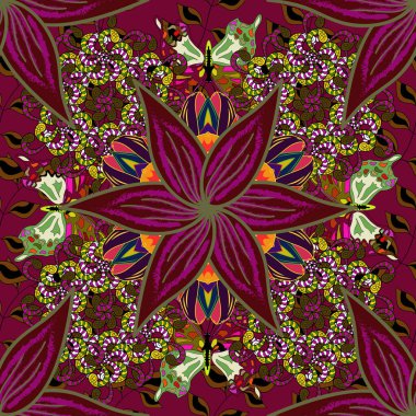 Vektör çizimi. Kibar, yaz çiçekleri kırmızı, siyah ve kahverengi renklerde. Küçük çiçekteki sevimli çiçek deseni. Vektör deseni.