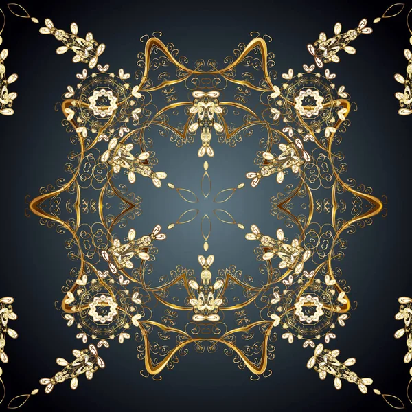 古典的なヴィンテージの背景 黄金の要素と青とグレーの色のシームレスなパターン 伝統的な装飾品だ 古典的なベクトル黄金のシームレスパターン — ストックベクタ