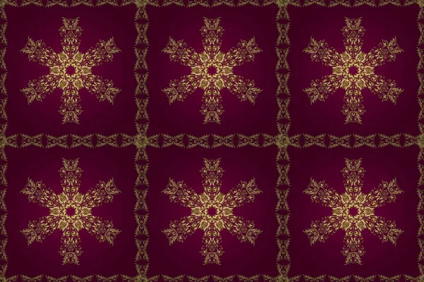 Seamless royal luxury golden baroque damask vintage. Raster seamless pattern with gold antique floral medieval decorative, leaves and golden pattern ornaments on neutral and red colors.