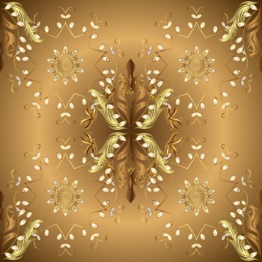 Altın antika ortaçağ dekoratif çiçek, yapraklar ve altın desenli süslemelerle vektör desenli çizim. Kraliyet Lüksü Altın Barok Şam Şam Şam Şam. Bej, kahverengi arka plan.