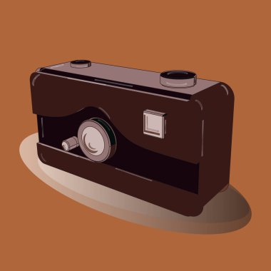 Isometry. Vektör çizimi. Kahverengi, bej ve siyah renkte dizayn edilmiş. Üç boyutlu. Retro film fotoğraf kamerası arka planda izole edildi.