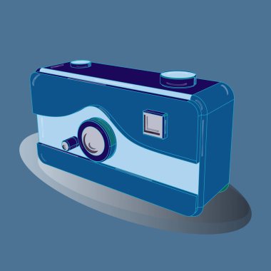 Vektör çizimi. Isometry. Gri, nötr ve mavi renklerde tasarlandı. Üç boyutlu. Retro film fotoğraf kamerası arka planda izole edildi.