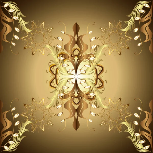 シームレスな王室の豪華な黄金のバロックダマスクヴィンテージ ベージュと茶色の色の金のアンティークの花の中世の装飾 葉と黄金のパターンの装飾とベクトルシームレスパターン — ストックベクタ