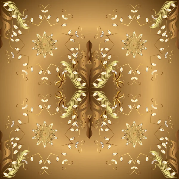 Bakgrunnstegning Vektormønster Med Gullfargede Blomsterdekorative Blomster Blader Gullmønstre Kongelig Luksus – stockvektor