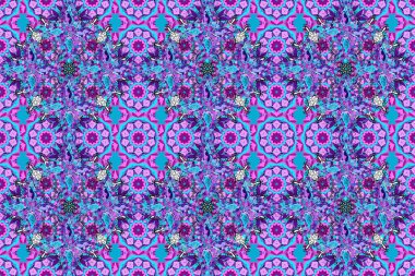 Küçük çiçekteki sevimli çiçek deseni. Mor, mavi ve pembe renkte çiçekler.