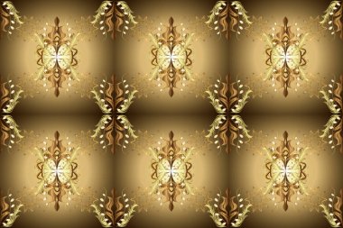 Altın antika ortaçağ dekoratifi, yaprakları ve bej ve kahverengi üzerine altın desenli süslemeleri olan dikişsiz bir şablon. Kusursuz kraliyet lüksü, altın barok kumaş rengi..
