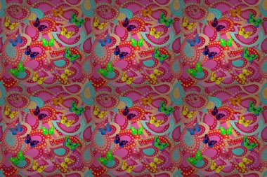 Kusursuz. Kumaş, tekstil, baskı ve davetiye örnekleri. Raster. Mavi, pembe ve kırmızı arkaplan üzerine bir resim. Kelebek deseni.