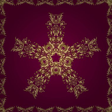 Barok tarzında altın çiçekli süs. Tarafsız ve kırmızı renklerde altın element. Doku arka planında altın çizim. Damask kusursuz yinelenen arkaplan.