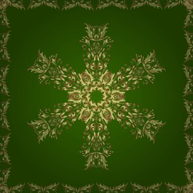Vektör altın pürüzsüz desen. Tarafsız ve altın elementli yeşil renklerde altın desen. Arkaplan, kumaş, altın çizim. Düz elle çizilmiş vintage koleksiyonu.