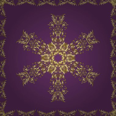 Tasarımın için, skeç. Altın rengi, kusursuz çizim. Vektör geometrik arkaplan. Tarafsız ve mor renkler üzerinde altın çiçekli altın desenler.