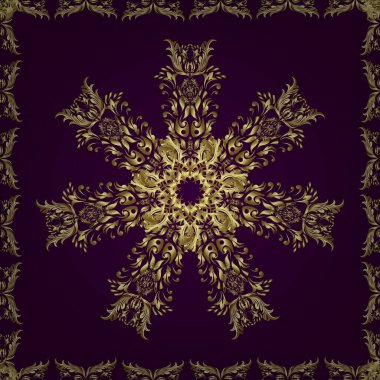 Kına dövmeli süs çiçekleri, altın çıkartmalar, mehndi ve yoga tasarımı, kartlar ve parmak izleri. Kahverengi ve nötr renklerde desen. Vektör altın mehndi kusursuz desen.