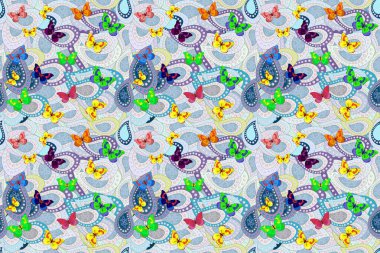 Raster illüstrasyonu. Kağıt, kumaş ve ambalaj için uygun. Kart, baskı ve davetiye için basit kadınsı bir model. Tarafsız, mavi ve gri arka planda renkli kelebek koleksiyonu. Kusursuz..