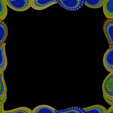 Dekorasyon modeli. Vektör çizimi. Sınır tasarımı, karalama sanatının bir örneğidir. Siyah, sarı ve mavi renkli bir resim. Dekoratif vintage çerçeveler ve sınırlar. Kusursuz..
