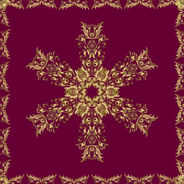 Şık bir grafik desen. Kusursuz vektör arkaplanı. Kırmızı ve nötr renklerde altın elementler. Barok eskizi, damask. Çiçek deseni.