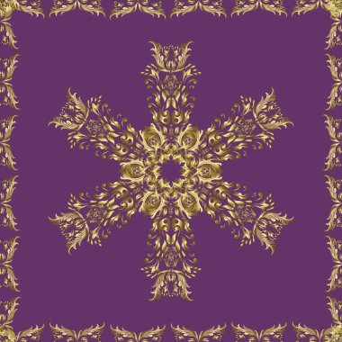 Mor ve nötr renkler üzerinde geleneksel, klasik, altın, pürüzsüz desen. Barok tarzında kusursuz bir doğulu süsü..