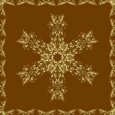 Doğulu stil, altın elementlerle kahverengi ve nötr renklerde altın desenli arabesk yapar. Kusursuz kıvırcık saçlar. Vektör altın desen.
