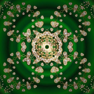 Vektör altın desen. Doğulu stil, altın elementlerle beyaz ve yeşil renklerde altın desenli arabesk yapar. Kusursuz kıvırcık saçlar..