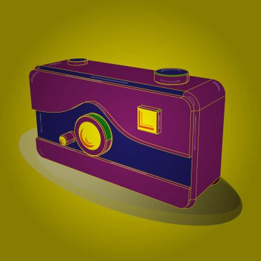 Isometry. 3 boyutlu görüntü vektörü izole edildi. Retro kamera. Mor, sarı ve mavi renklerde Scketh.