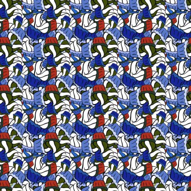 Siyah, mavi ve beyaz arkaplan üzerine soyut karalamalar çizilmiş kusursuz düz tasarım. Vektör çizimi. Renkli desen.