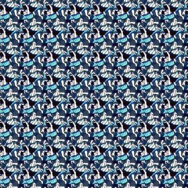 Karalamalar mavi, siyah ve beyaz renklere. Vektör. Kusursuz bir iz. Modaya uygun kumaş deseni.