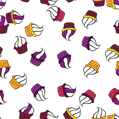 Kek, şapka, koni. Paket kağıdı. Vektör çizimi. Mor, beyaz ve siyah üzerinde kusursuz parlak doğum günü deseni.