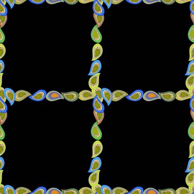 Kusursuz desen. Vektör çizimi. Çerçeve. Sarı, siyah ve mavi renkli bir resim.