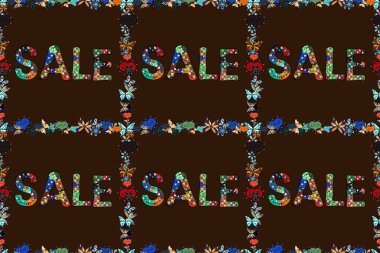 Mektup. Kusursuz. Raster illüstrasyonu. Modern tarzda indirimli tabela tasarımı. Siyah, kahverengi ve mavi renkler çizilmiş.