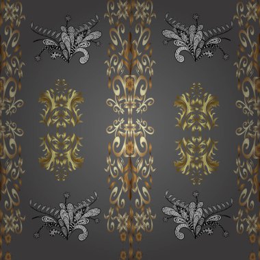Barok tarzında altın çiçekli süs. Damask kusursuz yinelenen arkaplan. Bej, kahverengi ve gri renklerde altın element. Doku arkaplanı üzerine altın duvar kağıdı.
