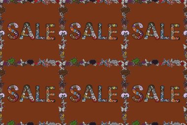 Raster illüstrasyonu. Hediye çeki, kupon, suluboya boya şablonu moda çizgili arka planda karpuz desenli. Sıcak yaz satışı harfleri kahverengi, gri ve siyah renklerde..