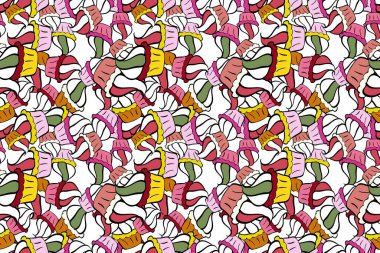 Şekerli kusursuz desen. Dondurma, tatlı beyaz, pembe ve siyah arka planda izole edilmiş küçük kekler. Raster. Doğum günü kartı, çocuk menüsü, ambalaj, tekstil, kumaş, duvar kağıdı için kullanılabilir.