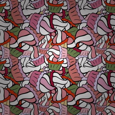 Elle çizilmiş tatlılar: Kekler, kek, turta, kekler. Siyah, pembe ve beyaz konusunda güzel bir doğum günü geçmişi var. Vektör illüstrasyonu.